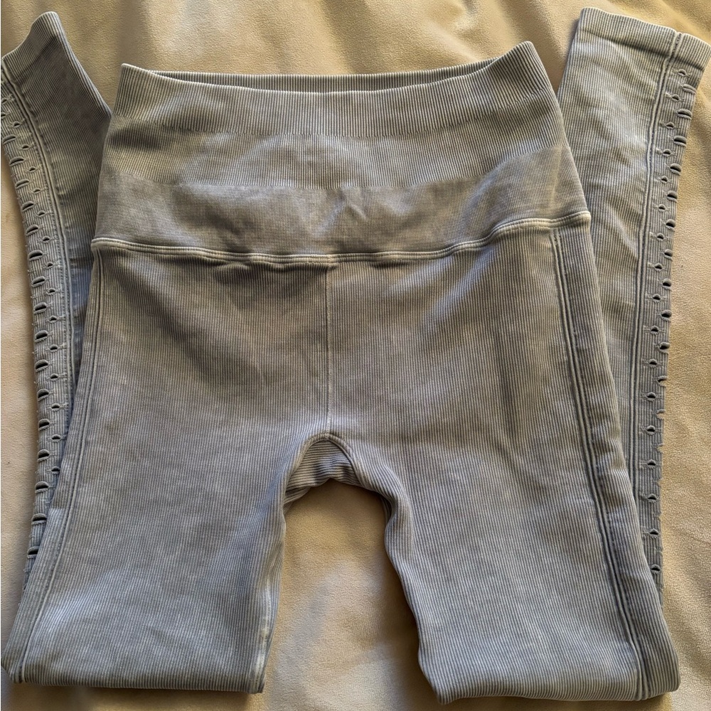 Spiritual Gangster Self Love Ribbed & Laser Cut Leggings, Denim Wash Grey, XS/S